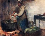 艾伯特纳赫伊斯 - A cottage Interior With A Peasant Woman Preparing Supper